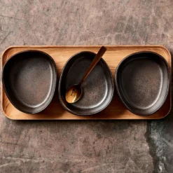 Aida RAW Metallic Brown Organic miniskåle 3 stk med bakke af teaktræ