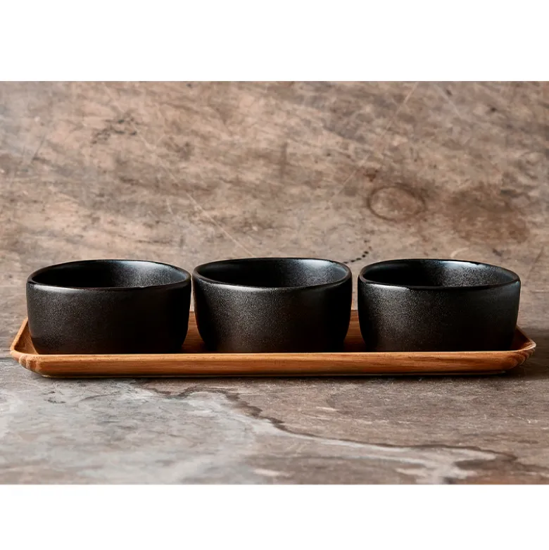 Aida RAW Titanium Black Organic miniskåle 3 stk med bakke af teaktræ