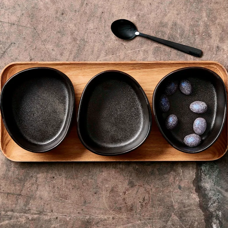 Aida RAW Titanium Black Organic miniskåle 3 stk med bakke af teaktræ
