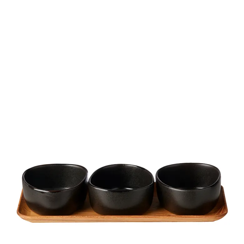 Aida RAW Titanium Black Organic miniskåle 3 stk med bakke af teaktræ
