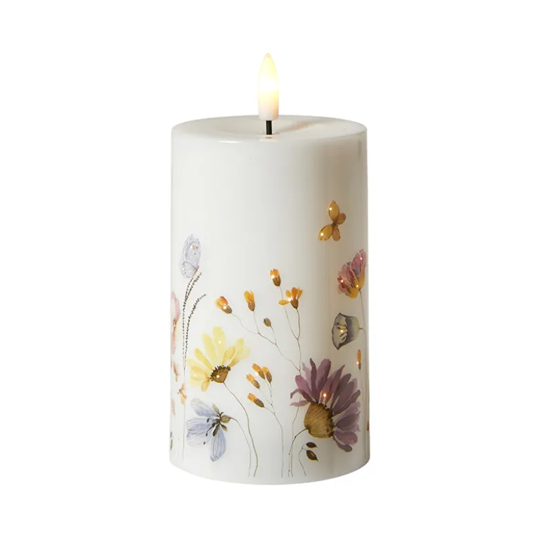LED bloklys blomsterprint gul 12,5 cm