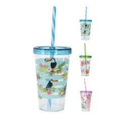 Læskedrikkrus med sugerør 660 ml i 3 assorterede design